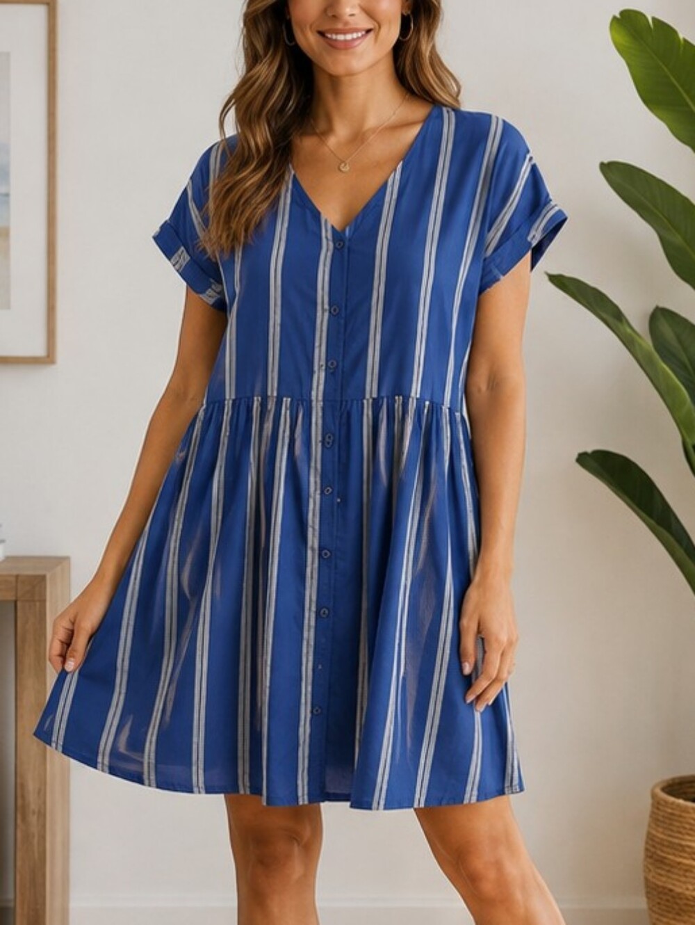 a.n.a Short Sleeve Blue Striped Button-Front Dress Size XL NWT